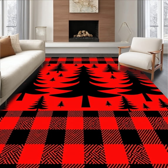 ODIKA 2'x3' Machine Washable Non-Slip Area Rug, Rustic Pine Checkered Yuletide Decorative Accent High Traffic Rug with Pad, Red, 651828