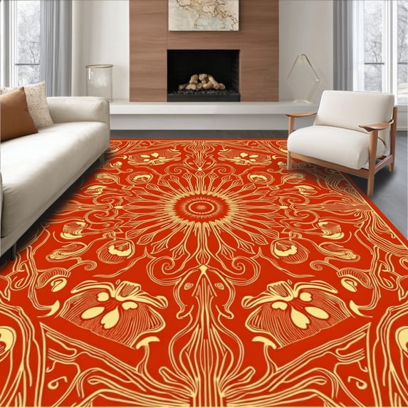 ODIKA 2'x3' Machine Washable Non-Slip Area Rug, Rustic Pumpkin with Delicate Botanical Filigree Accents High Traffic Rug, Red, 604676