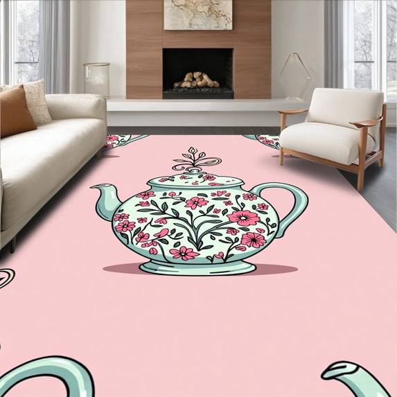 ODIKA 2'x3' Machine Washable Non-Slip Area Rug, Rustic Teapot Hook Canvas High Traffic Rug, Pink, 647365
