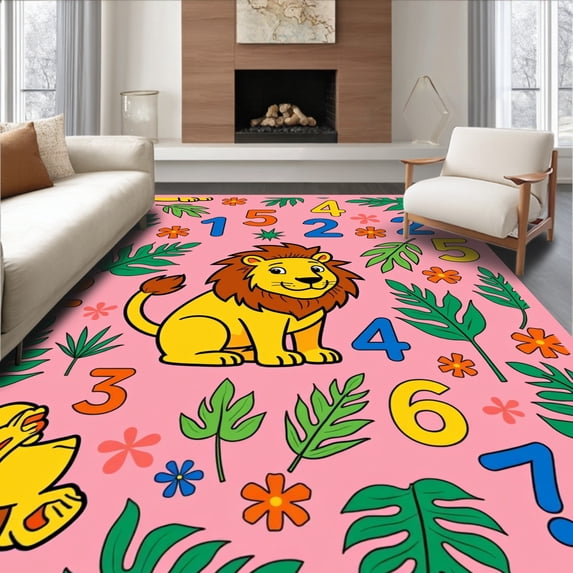 ODIKA 2'x3' Machine Washable Non-Slip Area Rug, Safari Adventure Alphabet Learning with Lion Design High Traffic Rug with Pad, Pink, 697940