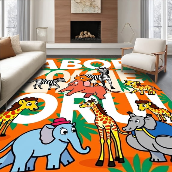 ODIKA 2'x3' Machine Washable Non-Slip Area Rug, Safari Adventure Animals Learning Playmat with Alphabet Letters Educational High Traffic Rug with Pad, Orange, 685542