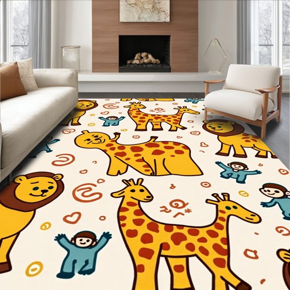 ODIKA 2x3 Machine Washable Non-Slip Area Rug, Safari Adventure Giraffe Lion Monkey Playful Jungle Scene High Traffic Rug with Pad, Gold, 684434