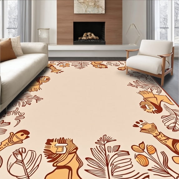 ODIKA 2'x3' Machine Washable Non-Slip Area Rug, Safari Adventure Jungle Animals Giraffe Playmat High Traffic Rug, Beige, 683964