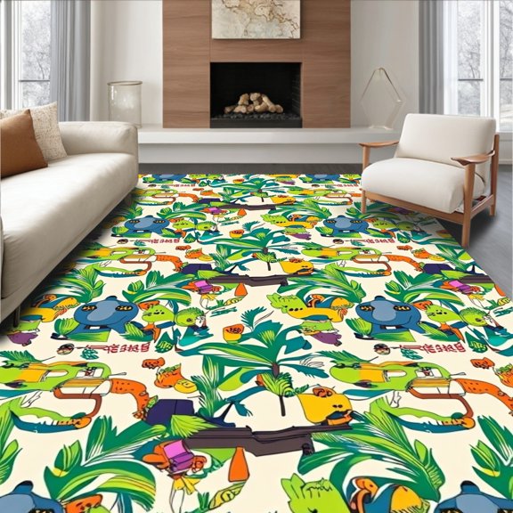 ODIKA 2x3 Machine Washable Non-Slip Area Rug, Safari Adventure Locomotive Train Wildlife High Traffic Rug, Green, 683020