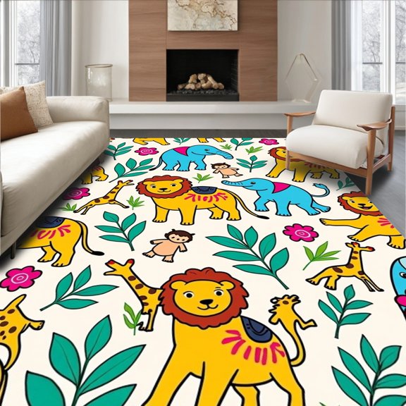 ODIKA 2x3 Machine Washable Non-Slip Area Rug, Safari Adventure Parade with Playful Lion Giraffe Monkey and Elephant Motifs High Traffic Rug with Pad, Yellow, 682882