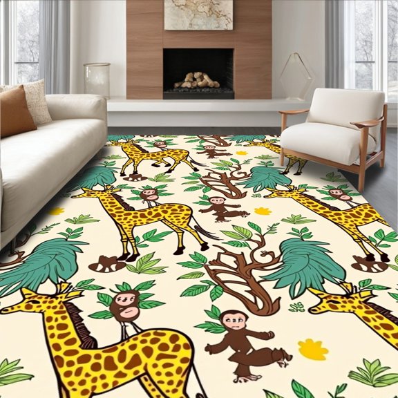 ODIKA 2x3 Machine Washable Non-Slip Area Rug, Safari Adventure Spotted Giraffe with Playful Monkey Tree Branch Design High Traffic Rug with Pad, Yellow, 684053