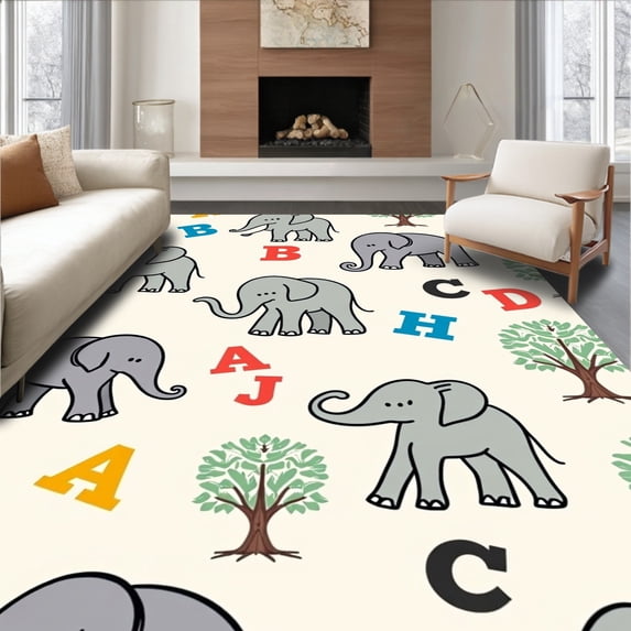 ODIKA 2'x3' Machine Washable Non-Slip Area Rug, Safari Elephant Alphabet Learning with Letter Recognition Design High Traffic Rug, Gray, 697487