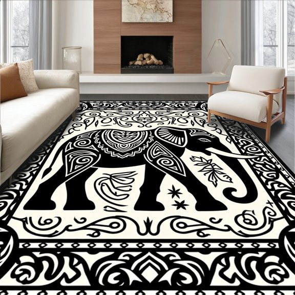 ODIKA 2x3 Machine Washable Non-Slip Area Rug, Safari Elephant Latch Hook Kit with Intricate Needlework Design High Traffic Rug, Black, 632985