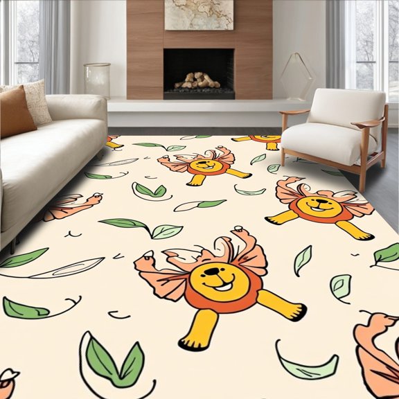 ODIKA 2x3 Machine Washable Non-Slip Area Rug, Safari Friends Parade Featuring Giraffe Lion Monkey Whimsical Animal High Traffic Rug with Pad, Ivory, 684215