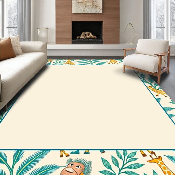 ODIKA 2x3 Machine Washable Non-Slip Area Rug, Safari Friends Parade with Giraffe Lion Monkey Motifs and Whimsical Leaves High Traffic Rug, Beige, 683974