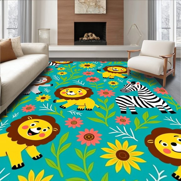 ODIKA 2x3 Machine Washable Non-Slip Area Rug, Safari Gathering with Joyful Fauna and Playful Leafy Details High Traffic Rug, Teal, 683104