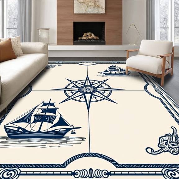 ODIKA 2x3 Machine Washable Non-Slip Area Rug, Sailing Adventure Nautical Map Inspired Art with Compass Rose High Traffic Rug, Blue, 706925