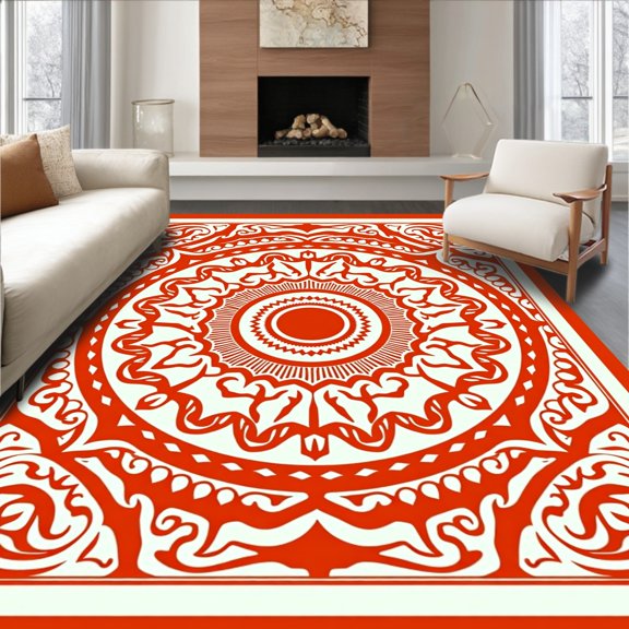 ODIKA 2x3 Machine Washable Non-Slip Area Rug, Sanskrit Inspired Chakra Wheel with Floral Scrollwork High Traffic Rug, Red, 707926