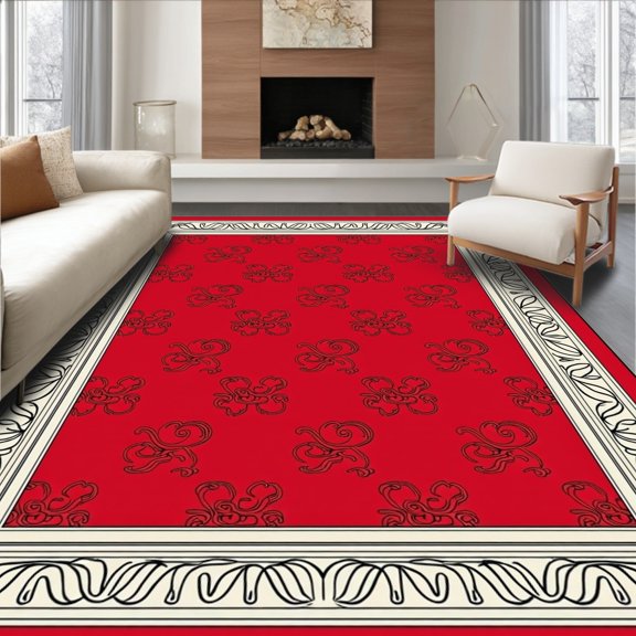 ODIKA 2x3 Machine Washable Non-Slip Area Rug, Scroll Embellished Framework Deluxe Ornamental Exquisite High Traffic Rug, Red, 660355