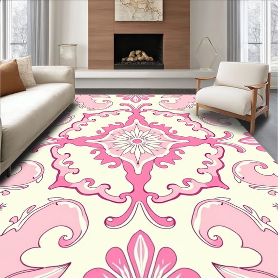ODIKA 2'x3' Machine Washable Non-Slip Area Rug, Scrollwork with Damask Flourish Motifs High Traffic Rug with Pad, Pink, 594628