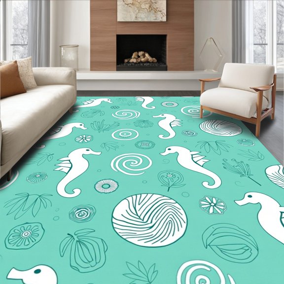 ODIKA 2x3 Machine Washable Non-Slip Area Rug, Seahorse Conch Spiral Beach Treasure Life Floor Cover High Traffic Rug, Blue, 712947