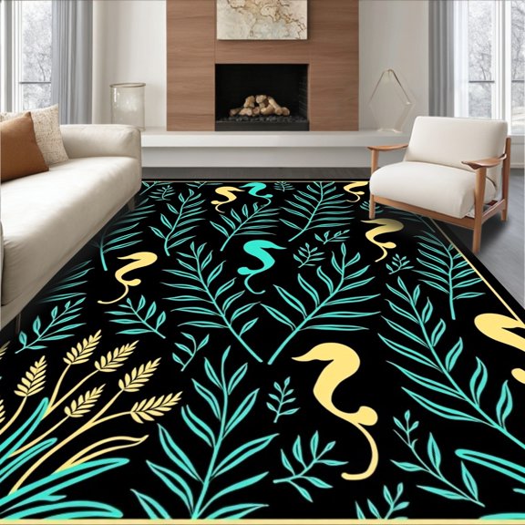ODIKA 2x3 Machine Washable Non-Slip Area Rug, Seahorse Kelp Forest Themed L Shape Toilet Base High Traffic Rug, Black, 708234