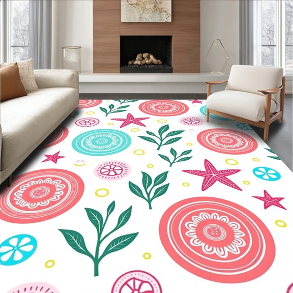 ODIKA 2x3 Machine Washable Non-Slip Area Rug, Seashell Medallion Entry with Botanical Accents High Traffic Rug, Pink, 536843