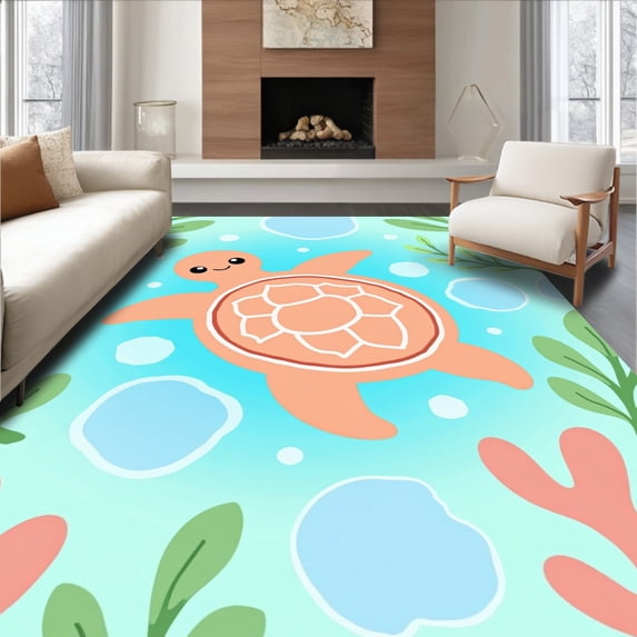 ODIKA 2'x3' Machine Washable Non-Slip Area Rug, Seaside Creature Wall Hanging Decoration Project High Traffic Rug with Pad, Blue, 619200