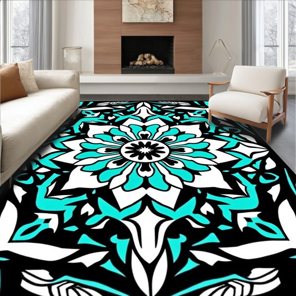 ODIKA 2x3 Machine Washable Non-Slip Area Rug, Seaside Lotus Bloom Interlocking with Ornate Botanical High Traffic Rug, Turquoise, 715016
