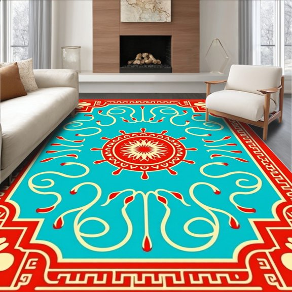 ODIKA 2x3 Machine Washable Non-Slip Area Rug, Seaside Medallion Border with Nautical Motif and Elegant Scrollwork High Traffic Rug, Red, 715079