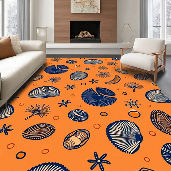 ODIKA 2x3 Machine Washable Non-Slip Area Rug, Seaside Treasure Curved Pedestal Washroom High Traffic Rug, Orange, 708264