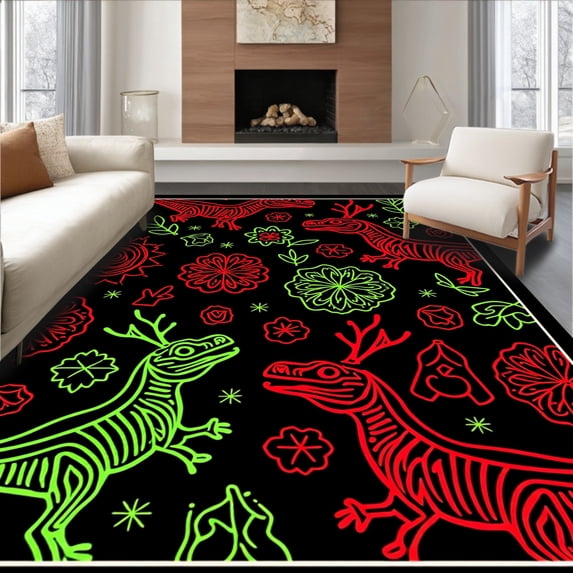 ODIKA 2'x3' Machine Washable Non-Slip Area Rug, Seasonal Dino Adventure Crochet Project with Merry Theme Accents High Traffic Rug with Pad, Black, 744837