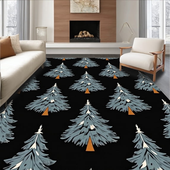 ODIKA 2'x3' Machine Washable Non-Slip Area Rug, Seasonal Fir Tree Print Anti Slip Floor Duo Neutral Palette High Traffic Rug, Black, 732725