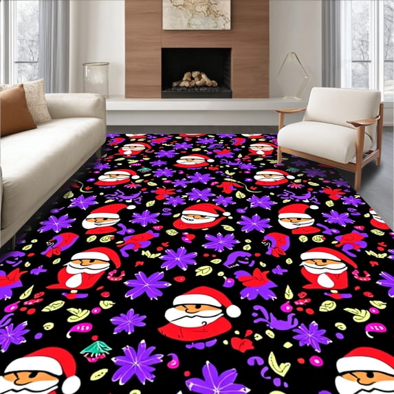ODIKA 2'x3' Machine Washable Non-Slip Area Rug, Seasonal Santa and Deer Motif with Decorative Snowflake Embellishments High Traffic Rug with Pad, Black, 648715