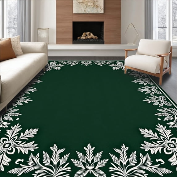 ODIKA 2'x3' Machine Washable Non-Slip Area Rug, Snowflake Holiday with Festive Pine Branch Motifs High Traffic Rug, Green, 621758
