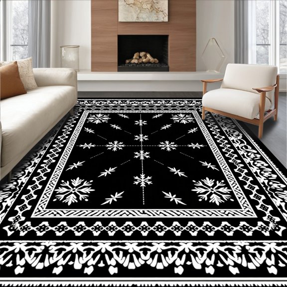 ODIKA 2x3 Machine Washable Non-Slip Area Rug, Snowflake Lace Interlocking with Vintage Boho Accents High Traffic Rug, Black, 653367