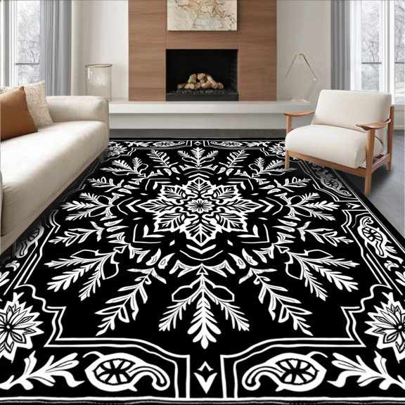 ODIKA 2x3 Machine Washable Non-Slip Area Rug, Snowflake Latch Hook Kit Needlework Embroidery Project High Traffic Rug, Black, 643314