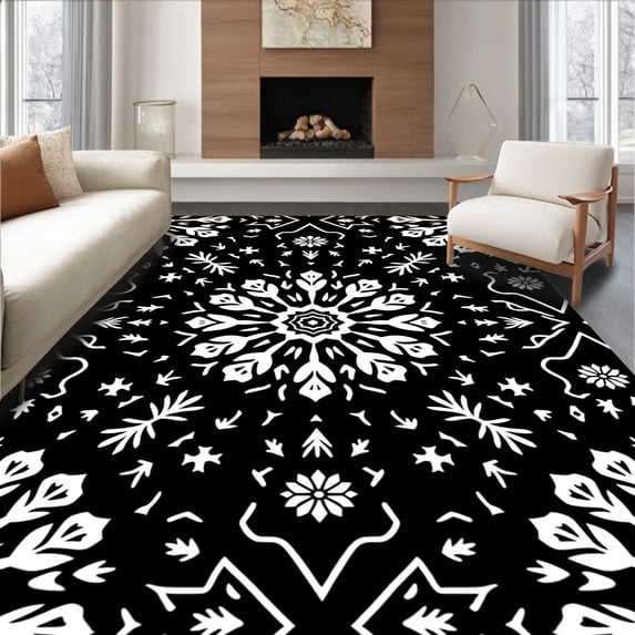 ODIKA 2'x3' Machine Washable Non-Slip Area Rug, Snowflake Latch Hook Kit with Pre Printed Canvas Holiday Design High Traffic Rug, Black, 647366