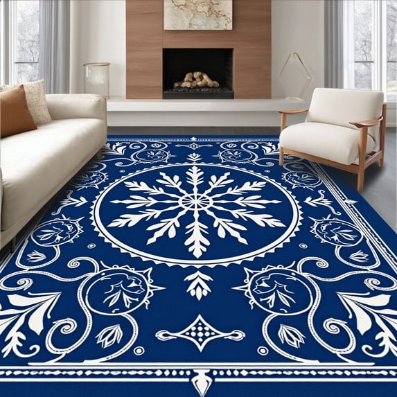 ODIKA 2'x3' Machine Washable Non-Slip Area Rug, Snowflake Medallion Bathroom Intricate Winter Crystal Design High Traffic Rug, Blue, 623404
