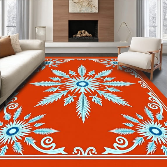 ODIKA 2'x3' Machine Washable Non-Slip Area Rug, Snowflake Medallion Holiday with Intricate Crystal Inspired Design High Traffic Rug with Pad, Orange, 621779