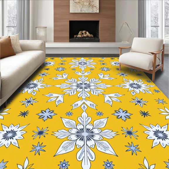 ODIKA 2x3 Machine Washable Non-Slip Area Rug, Snowflake Medallion Tree Skirt with Crystalline Design High Traffic Rug, Yellow, 629581
