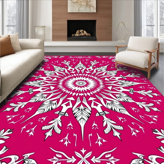 ODIKA 2'x3' Machine Washable Non-Slip Area Rug, Snowflake Tree Skirt with Crystalline Starburst Design High Traffic Rug, Pink, 629563
