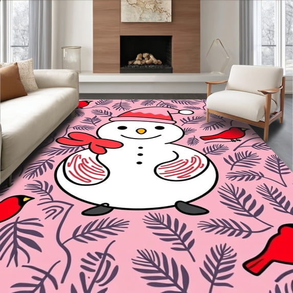 ODIKA 2'x3' Machine Washable Non-Slip Area Rug, Snowman Wonderland Scene with Cardinals and Pine Branch Motif High Traffic Rug, Pink, 734881