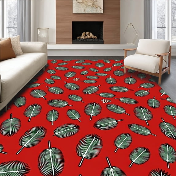 ODIKA 2'x3' Machine Washable Non-Slip Area Rug, Snowy Pine Forest Evergreen Branch Indoor Holiday Design High Traffic Rug, Red, 611419