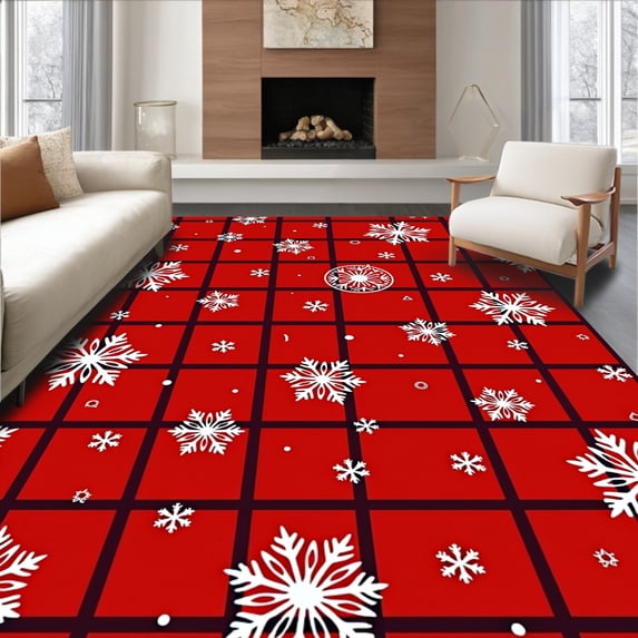 ODIKA 2'x3' Machine Washable Non-Slip Area Rug, Snowy Wonderland Jolly Checkered Seasonal Hearth High Traffic Rug, Red, 651631
