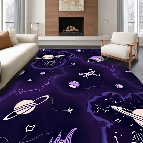 ODIKA 2'x3' Machine Washable Non-Slip Area Rug, Space Galaxy Explorer Tummy Time with Planets & Stars Design High Traffic Rug, Purple, 684423