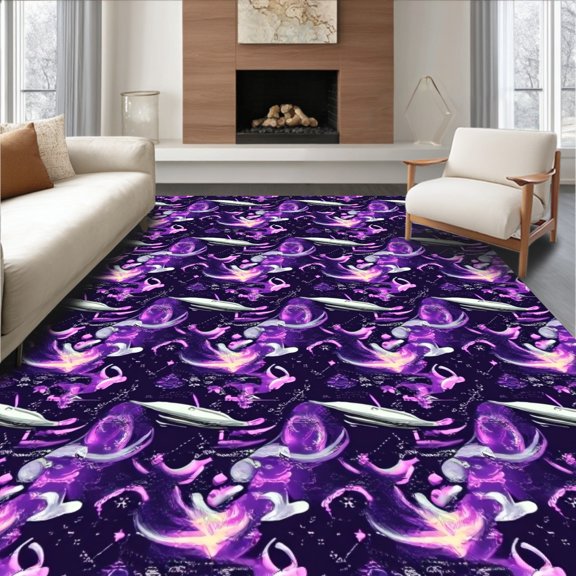 ODIKA 2x3 Machine Washable Non-Slip Area Rug, Spaceship UFO Galaxy Adventure Theme Floor with Stars High Traffic Rug, Purple, 419457