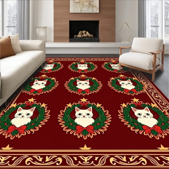ODIKA 2x3 Machine Washable Non-Slip Area Rug, Sparkling Cat Portrait Holiday Celebration with LED Integration High Traffic Rug, Maroon, 617497