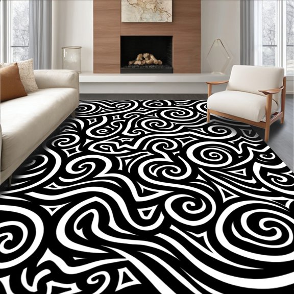 ODIKA 2x3 Machine Washable Non-Slip Area Rug, Spiral Vortex Design with Swirling Abstract Welcome High Traffic Rug, Black, 595660