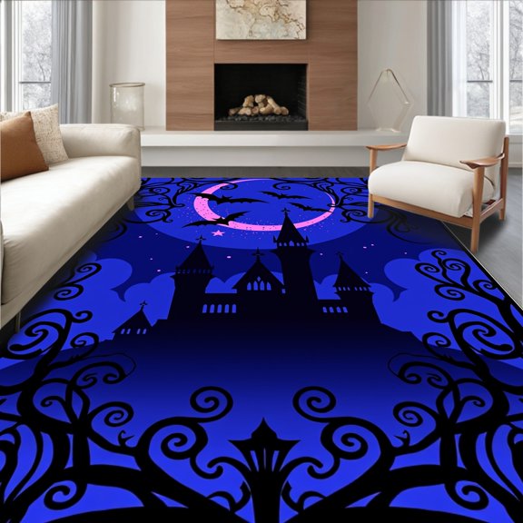 ODIKA 2x3 Machine Washable Non-Slip Area Rug, Spooky Castle with Bat Swarm and Mystical Moon High Traffic Rug, Blue, 631903