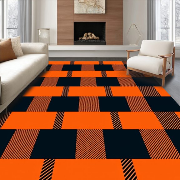 ODIKA 2x3 Machine Washable Non-Slip Area Rug, Spooky Season Checkered High Traffic Rug, Orange, 510674