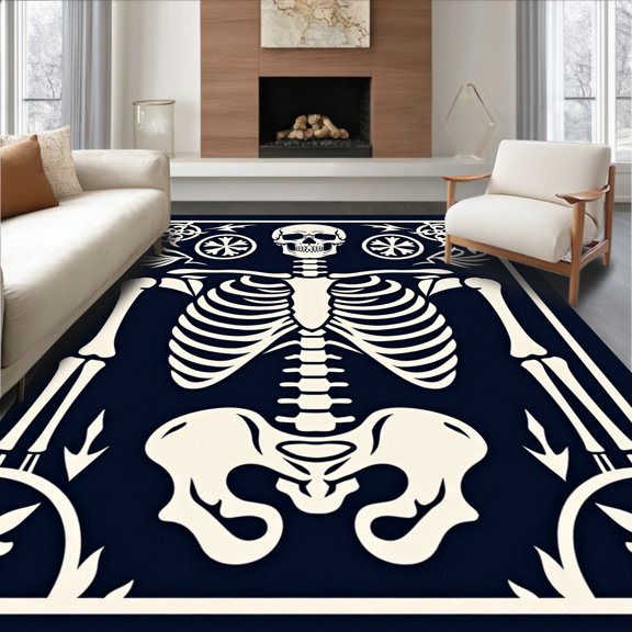 ODIKA 2x3 Machine Washable Non-Slip Area Rug, Spooky Skeleton Crochet Pillow Canvas Handcraft Yarn Kit High Traffic Rug, Black, 625230