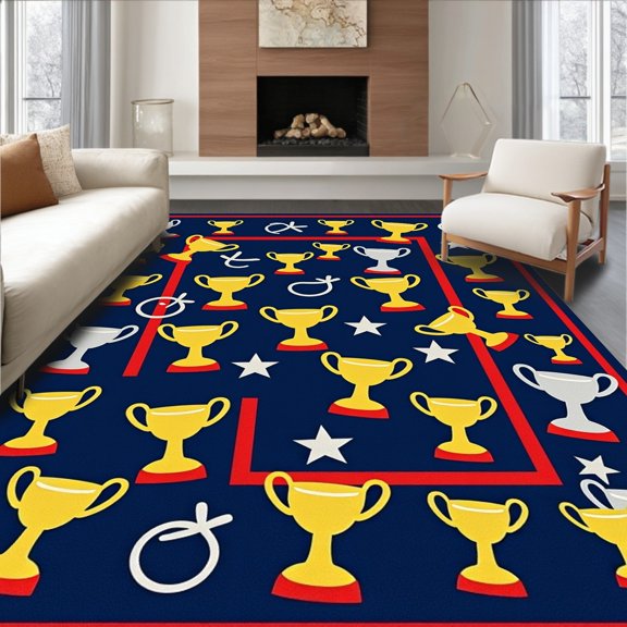 ODIKA 2'x3' Machine Washable Non-Slip Area Rug, Stadium Sports with Championship Trophy Motifs High Traffic Rug, Blue, 676661