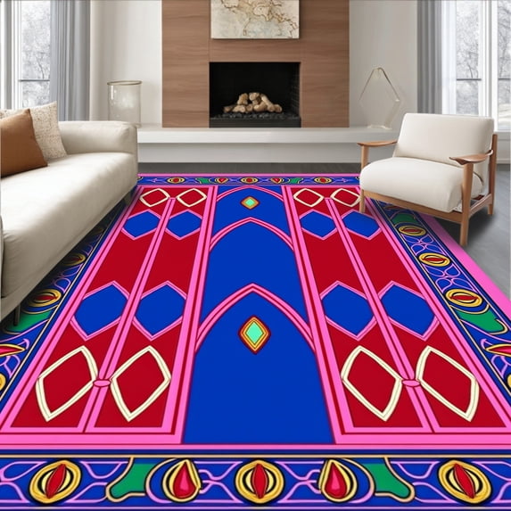 ODIKA 2'x3' Machine Washable Non-Slip Area Rug, Stained Glass Window Crochet Kit with Cathedral Arch Design High Traffic Rug, Pink, 742474