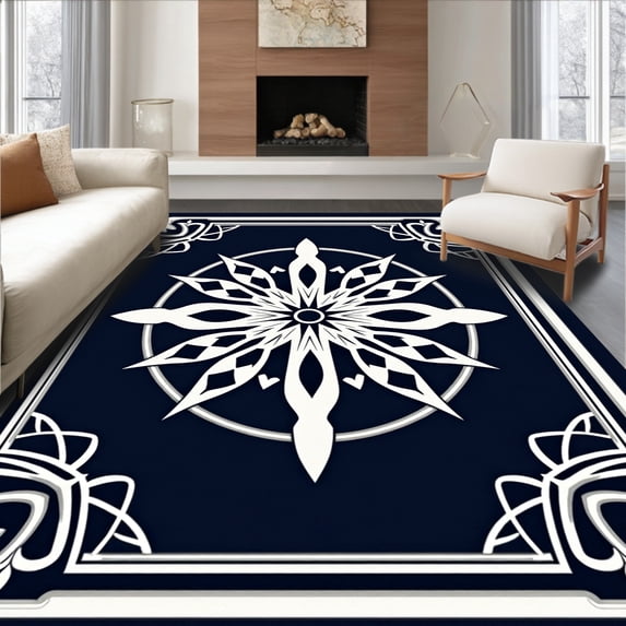 ODIKA 2'x3' Machine Washable Non-Slip Area Rug, Starburst Medallion Motif with Radiating Symmetrical Details High Traffic Rug, Black, 396203